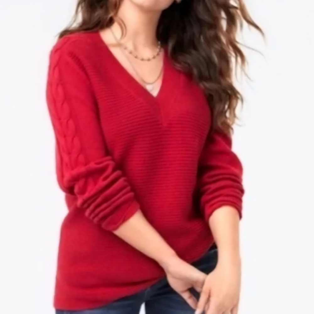 CAbi Women's Step-up Chunky Red V-Neck Sweater